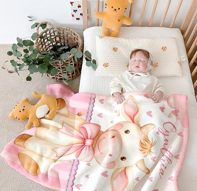 Personalized Baby Blanket for Girls, Custom Baby Blanket with Name, Soft Cozy Personalized Name Blankets for Kids, Customized Cow Blanket for Infant Toddler Birthday Christmas