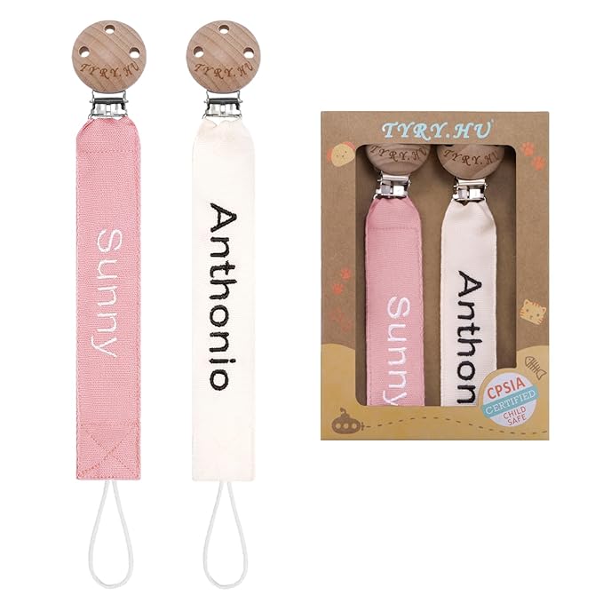 TYRY.HU Personalized Pacifier Clip with Name, Embroidery Pacifier Holder for Baby Girls and Boys, Neutral Binky Clips Universally Fit All Pacifiers & Baby Toys, Baby Gift, 2 Pack(Beige,Pink)