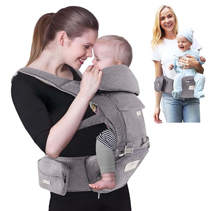 FRUITEAM Baby Carrier Newborn to Toddler, Safety-Certified Baby Waist Stool, Ergonomic 6-in-1 Baby Carrier with Head Support, Adjustable & Removable Baby Holder for All Seasons, Dark Grey