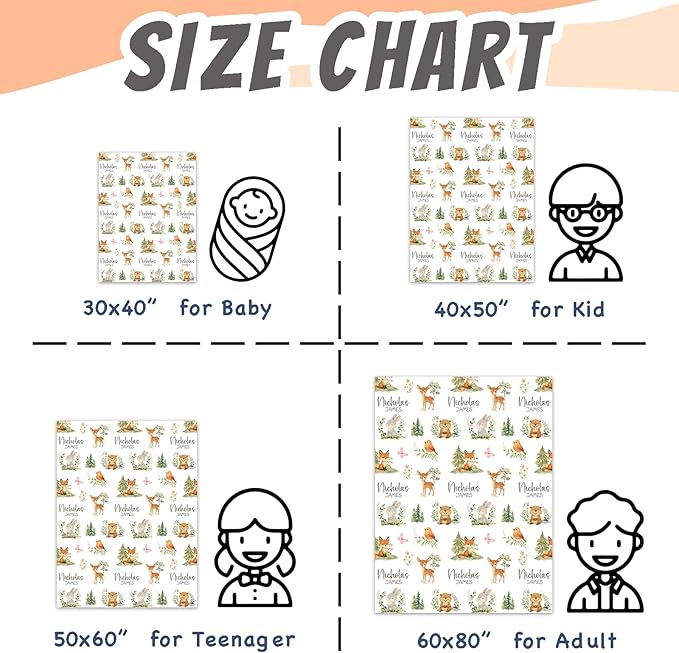 Personalized Baby Blanket for Boys Girls Super Soft Cozy Custom Baby Blanket with Name Lovely Woodland Animal Design Bed Throw for Toddler Newborn 30 x 40 Inch Customized Baby Gifts