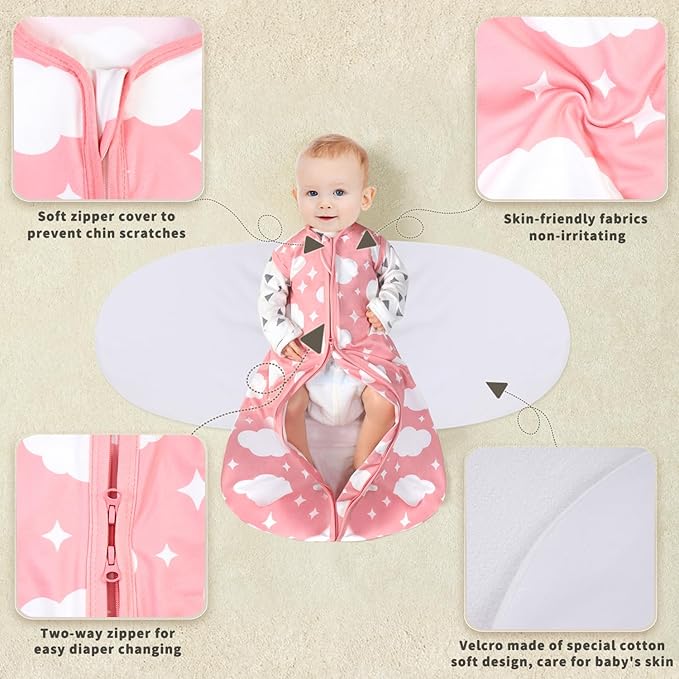 Newborn Sleep Sack Baby Swaddle,3-Way Adjustable Wearable Blanket,100% Rayon Cotton Swaddling Sleeping Bag. (Cloud & Cow Print, 3-6 Months)
