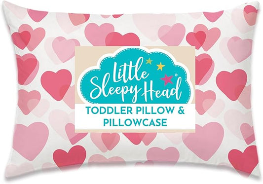 Little Sleepy Head Toddler Pillow with Pillowcase 13x18 - Kids Pillow for Sleeping - Better Neck Support Ergonomic Pillow and Toddler Pillowcase - Best Pillows for Kids (Hearts Pink)