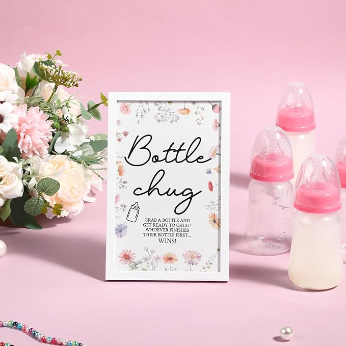 Roowest Bottle Chug Baby Shower Game Favors Including Wideflower Theme Wooden Sign and 18 Pcs Baby Bottles for Gender Reveal Party Supplies