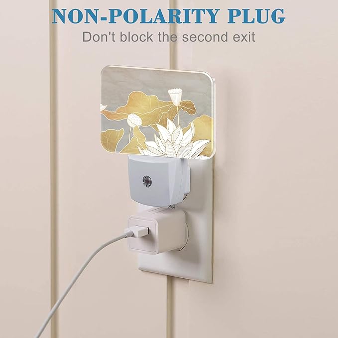 Luxury Water Lily Flowers Night Light Plug into Wall, Golden Lotus and Leaves Night Light with Dusk to Dawn Sensor for Kid Girls Boys Women Men Room, Hallway, Kitchen, Bathroom, Stairs Decor