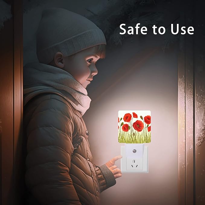 Red Flowers Night Light,Red Poppy Flowers and Ladybugs Plug-in Night Lights with Dusk-to-Dawn Sensor for Stairway/Hallway/Bedroom Sleep Friendly lamp for Women/Girls/Boys Gift,0.5W