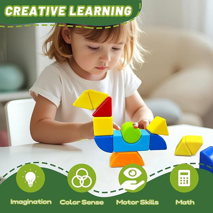 Magnetic Stacking Blocks for Kids, 1.65 Inch Large Magnetic Cubes & 8 Shapes, 20 PCS Magnet Toys, Montessori & Sensory Building Toys for Boys & Girls Ages 3+