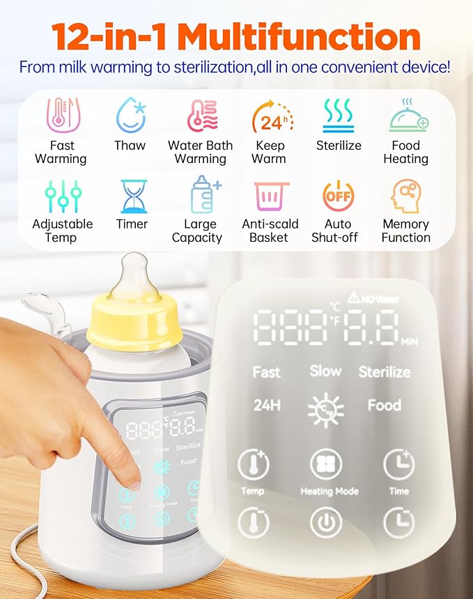 Fast Baby Bottle Warmer for Breastmilk, Smart 12 in 1 Breast Milk Warmer for Baby Essentials with Timer Temperature Control, Sterili-zing, Water Bath Technology, Baby Warmer for All Bottles Food Jars