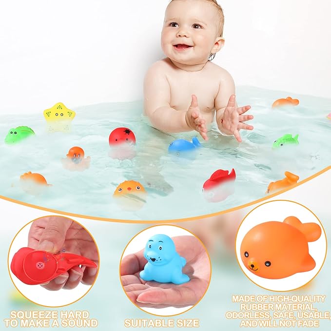 Chivao 50 Pcs Baby Bath Toys Bulk Infant Water Float Squeak Rubber Bathtub Pool Toy for Toddlers Kids Baby Shower Party Favors Birthday Gifts, Ocean Animals, Random Style