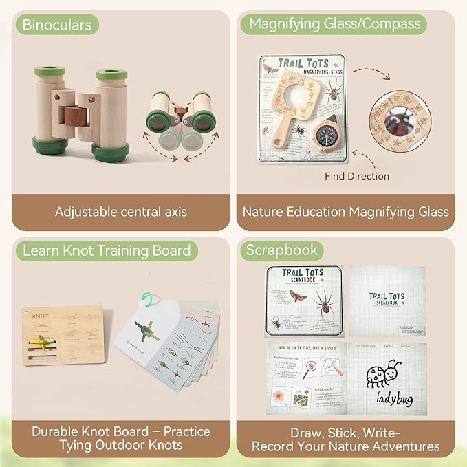 WOODEN TEETHER Kids Explorer & Adventure Kit for Ages 4–8, Wooden Knot Board (7 Step Cards) & Scrapbook, with Binoculars, Compass & Magnifying Glass, STEM Nature Exploration Toy