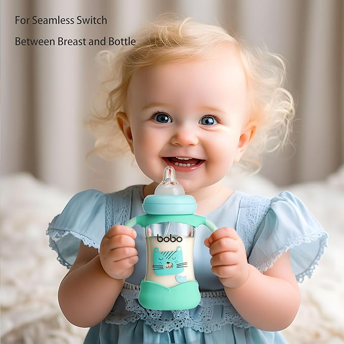 YOHKOH Natural Glass Baby Bottle with Natural Response Nipple, Wide Neck Baby Bottles with Handle, Newborn Anti-Colic Baby Bottles Gift Set, Clear (5.4oz (Pack of 4), Blue)