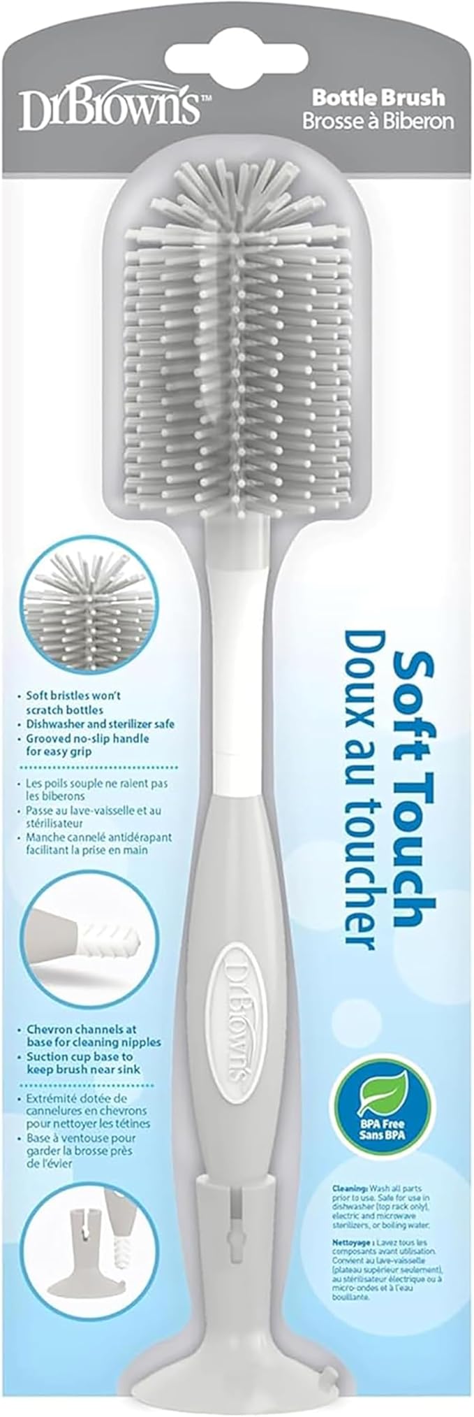 Dr. Brown's Soft Touch No Scratch Baby Bottle Cleaning Brush, Nipple Cleaner & Suction Cup Base for Easy Storage, BPA Free, Gray