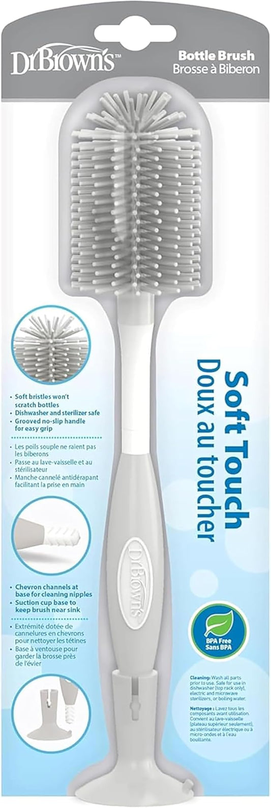 Dr. Brown's Soft Touch No Scratch Baby Bottle Cleaning Brush, Nipple Cleaner & Suction Cup Base for Easy Storage, BPA Free, Gray