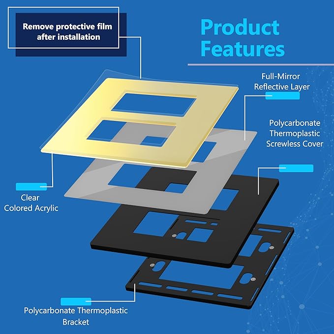 LIDER Double Decorator Wall Plate, Impact Resistant, Mirrored Acrylic, Plexiglass, Reflective Finish, Modern Upgrade, Screwless Light Switch/Outlet Cover, Mid-Size 2-Gang 4.88" x 4.92”Gold