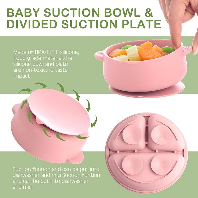 Dandat 24 Pcs Silicone Baby Feeding Set,6 Baby Toddler Suction Bowls 6 Divided Suction Plates with 6 Forks 6 Spoons, Utensils Set for Weaning Infant Feeding and Eating, 6 Styles(Bright Color)