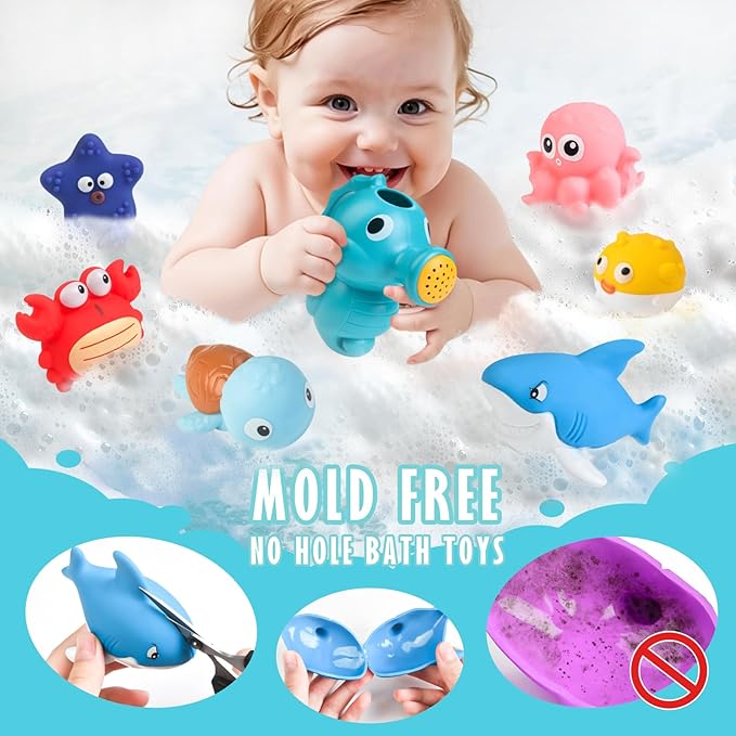 Mold Free Bath Toys for Toddlers No Hole Baby Bathtub Toys with Sea Animals, Seahorse Watering Can, Fishing Net & Storage Bag, Floating Pool Toys for Boys and Girls