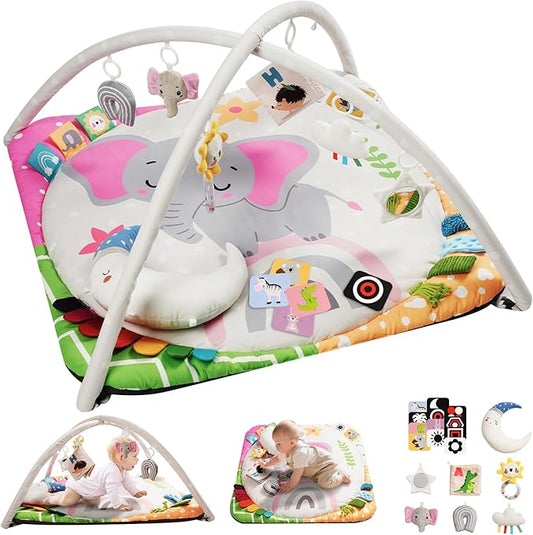 Baby Play Gym with 4 Developmental Zones – Tummy Time Mat & Activity Mat with 6 Sensory Toys, Visual Cards & Pillow – Baby Essentials & Ideal Gift for Newborns