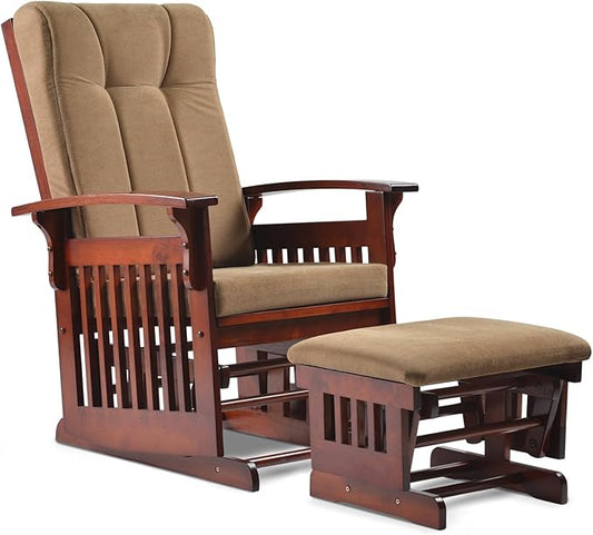 Solid Wood Rocking Glider Chair with Ottoman Cushion Set, Antique Rocking Chair with Arm Rest for Nursery Living Room Bedroom, Brown Yellow