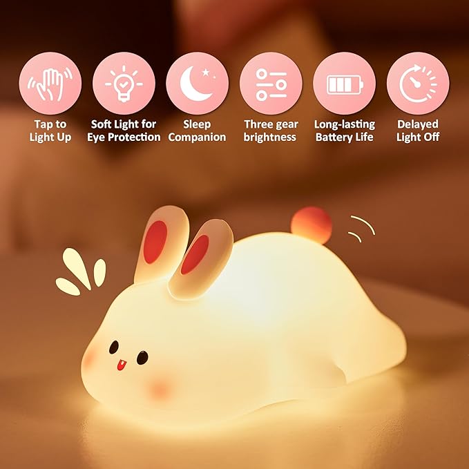 Bunny Lamp,Big Face Rabbit Night Light for Kids, Cute Easter Bunny Gifts, Kawaii Nursery Bedroom Decor, Rechargeable Silicone LED Squishy Night Light