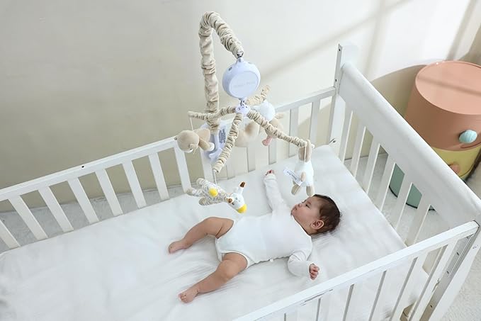 Musical Crib Mobile with 12 Lullabies, Rotating Arm and Detachable Plush Toys, Unisex Clip On Mobile for Standard Cribs, Baby Safe Materials for Sensory Development & Early Growth