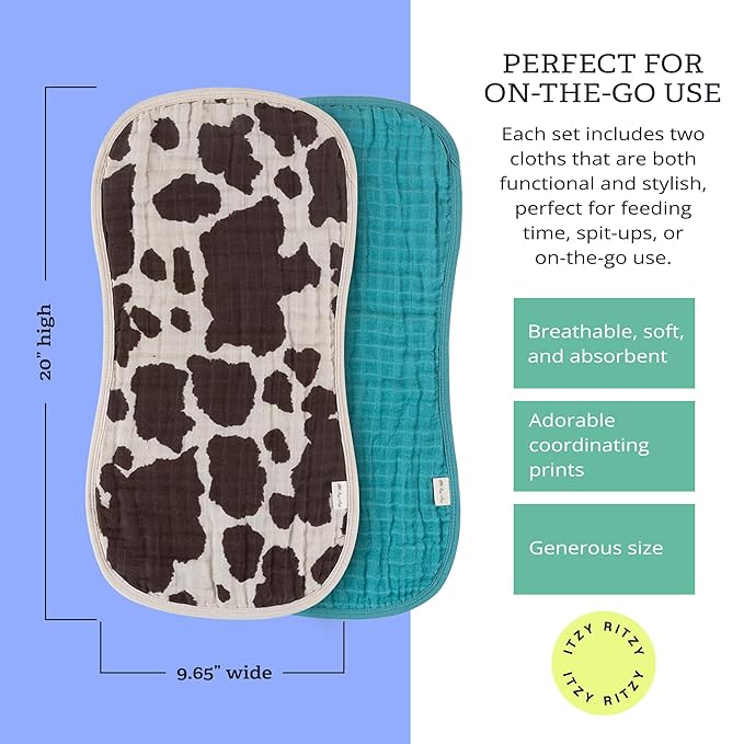 Itzy Ritzy Set of 2 Baby Burp Cloths – Ultra-Soft Absorbent Burping Cloths for Babies - Made of 100% Cotton Muslin and Generously Sized with Trendy Coordinating Prints – Machine Washable (Cow Print)