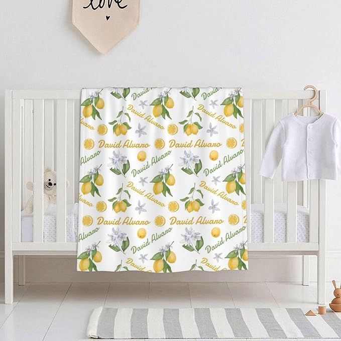 Ship Next Day Personalized Baby Blanket, Printed in USA - Custom Name Toddler Blanket with Lemon Pattern, Personalized