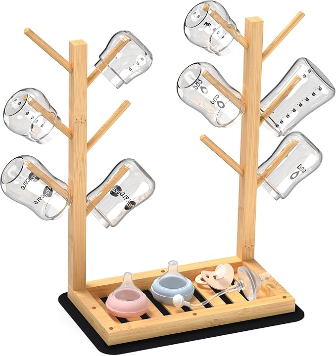 Baby Bottle Drying Rack, Vertical Bamboo Bottle Dryer Holder with Water Absorbent Pad, Space Saving Baby Bottle Organizer for Baby Bottles, Pump Part & Accessories(Natural, 12 Bottles)