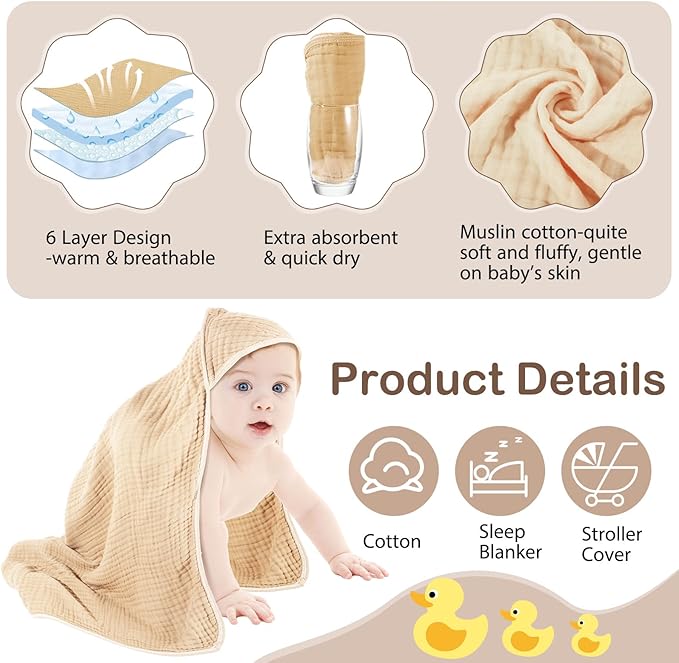 Peryiter 4 Pcs Muslin Hooded Baby Towels, 32"x 32" Cotton Newborn Bath Towel Muslin Infant Baby Blankets Absorbent Unisex Christmas Registry Gift Essentials for Girls Boys (Green)