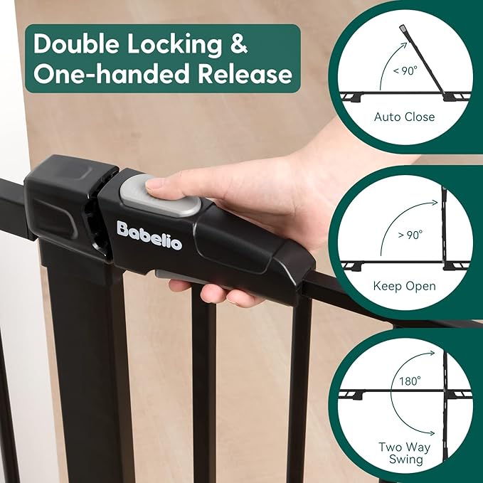 Babelio Metal Auto Close Baby Gate PressGuard P7,Extra Wide Pet Gate for The House and Doorways, Pressure Mounted Walk Thru Child Gate with Door (Black, 30" Tall 29"-48" Wide)