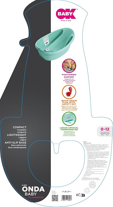 BEABA by OKBaby, Onda Baby Bath, Ergonomic Multi-Position tub for Infants and Babies up to 12 Months, Integrated Water Thermometer, Made in Italy, Pink