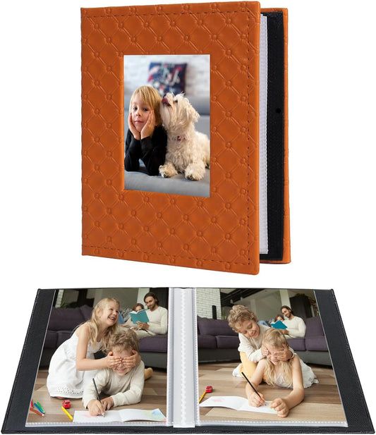 RECUTMS Photo Album 4x6 52 Photos, Small Photo BookButton Grain PU Leather Window 26-Sheet Holds 52 Pictures for Picture Album Wedding Family Baby Vacation(Orange)