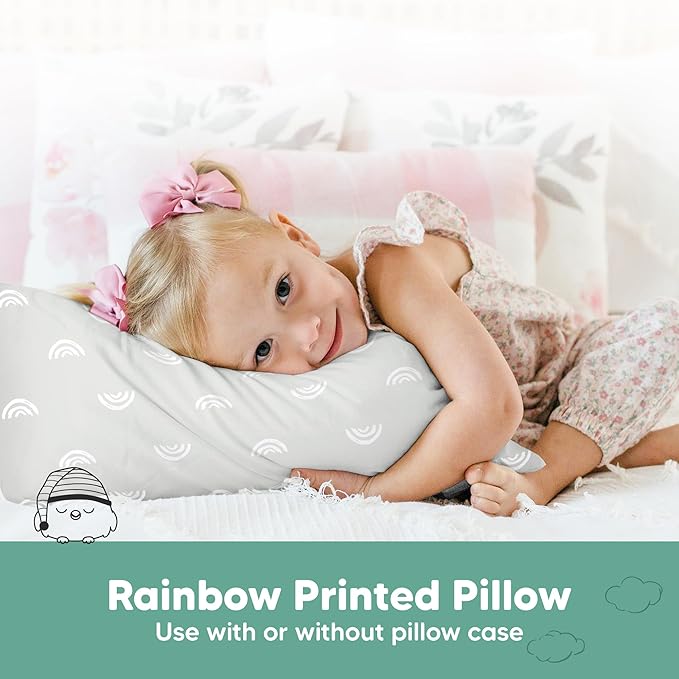 KeaBabies Toddler Pillow 13x18 - Soft Organic Cotton Kids Travel Bed Pillows for Sleeping, School, Nap, Machine Washable, Toddlers 2 to 5, Pillowcase Sold Separately (Gray Rainbow)