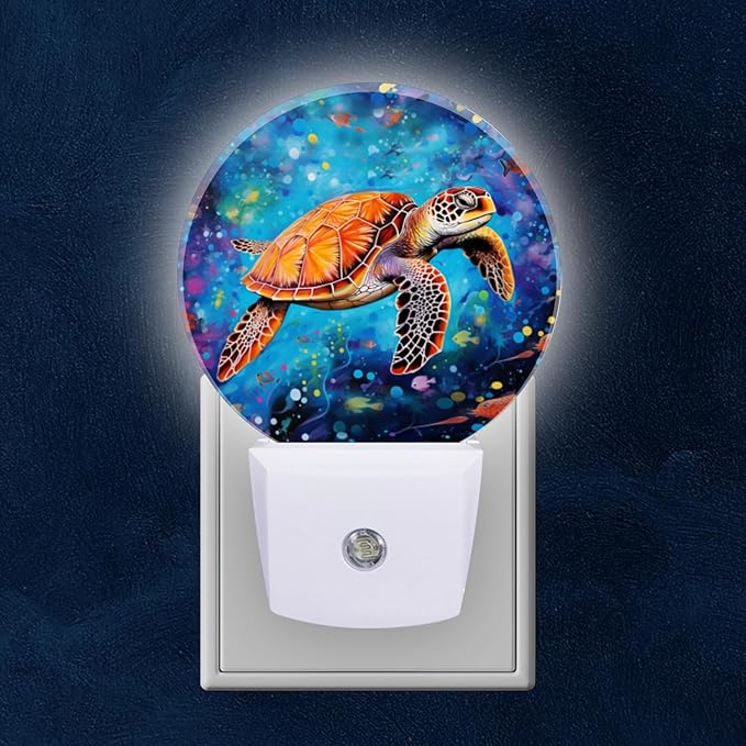 Round LED Night Lights Lamp with Dusk to Dawn Sensor, Orange Sea Turtle Swimming Gracefully Night Light Plug Into Wall for Kids Room, Bedroom, Bathroom, Kitchen, Hallway