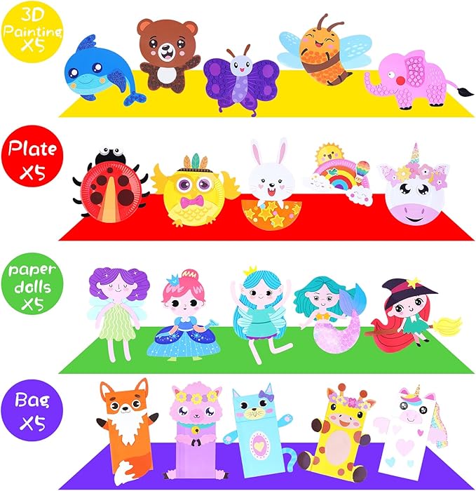DINSUMRUG 20 Animal Arts & Crafts Kit for Kids 4-6, All-Inclusive Toddler Craft Box with Paper Plates, Puppets, Fun Activities, Tigers, Lions (134 Characters) (Princess)