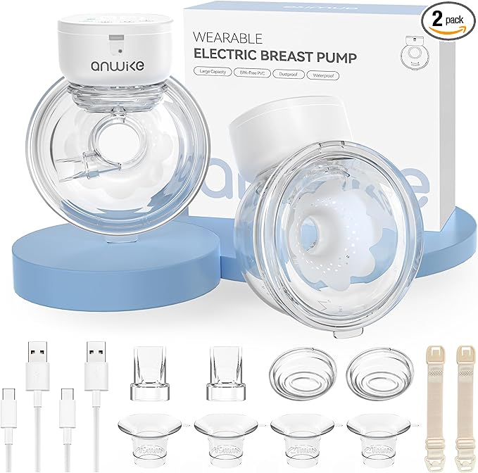 ANWIKE Hands Free Breast Pump Ultra-Light 230g, Wearable Breastfeeding Pump Portable for Travel and Work, Low Noise, Ergonomic 135° Flange, 9 Levels 4 Modes with 19/21mm Flange Inserts (White 2 Pack)