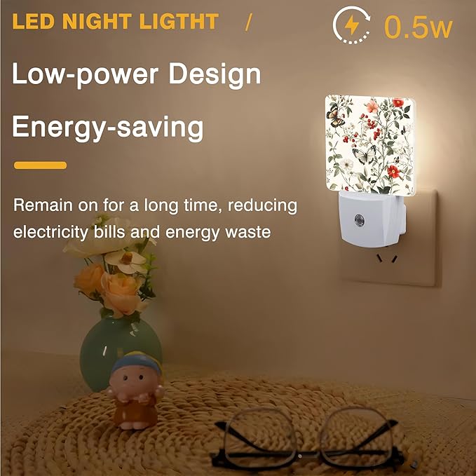 Vintage Flower and Butterfly Night Light, Plug-in Nightlight with Dusk to Dawn Auto Sensor for Home Bedroom Hallway Kitchen 0.5W Sleep Friendly Led Lamp for Women Men