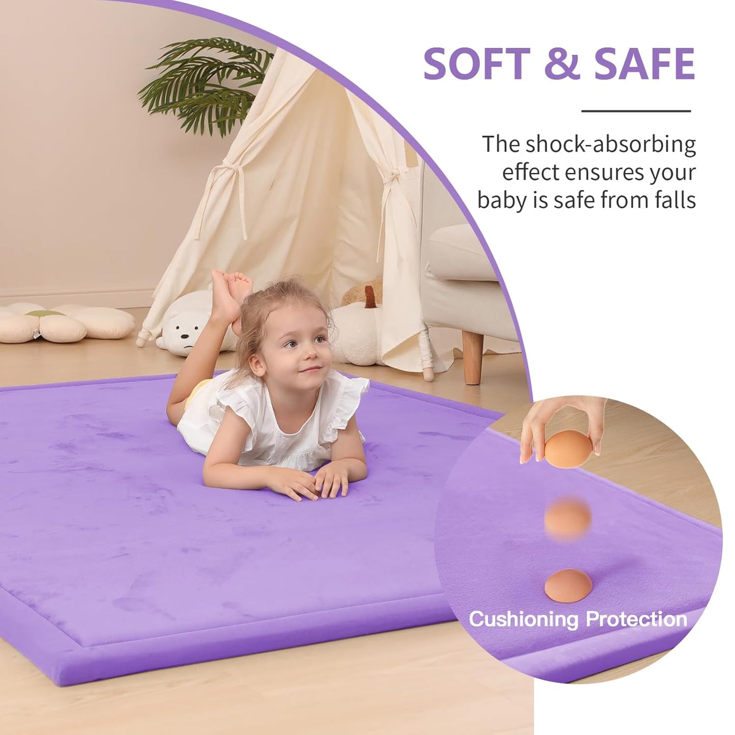 Baby Play Mat for Floor,1.3" Thick Memory foam Tummy Time Mat for Toddlers,Infants,kids,Water-Repellent Soft Nursery Rug,Extra Large Non Slip for Crawling&Yoga,Tatami Style for Living Room(Lavender)