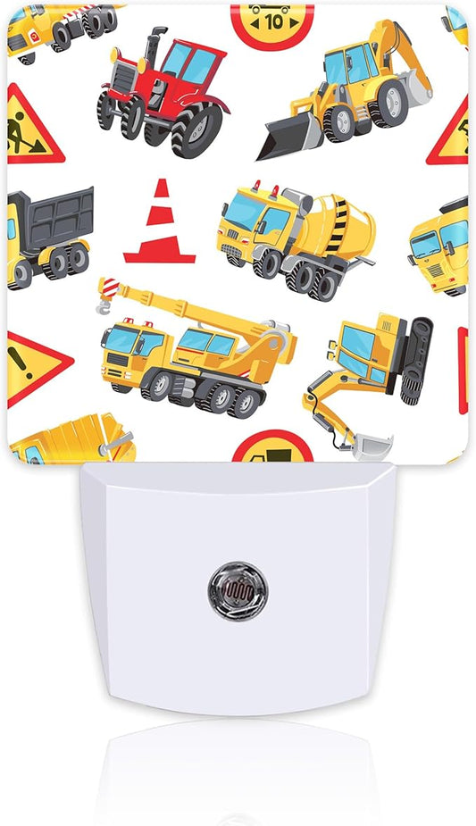 Cartoon Construction Vehicles Building Machines Night Light for Kids,Colorful Trucks Cars and Road Signs Night Light Plug in with Dusk to Dawn Sensor,0.5w Energy Saving Nightlight for Home Decor