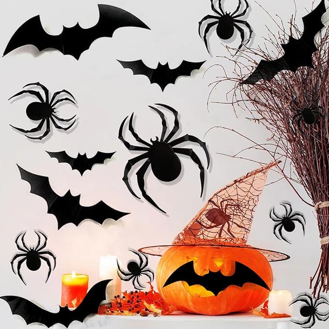 36 Pcs Halloween Wall Decor 3D Led Bats Spiders Wall Stickers Removable Light Up Spiders Bats Decals for Indoor Outdoor Window Door Halloween Party Decorations