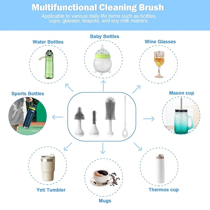 Electric Baby Bottle Brush Set with Rechargeable Electric Bottle Brush Cleaner and Replaceable Silicone Bottle Brushes and Straw Brush Cleaner, Waterproof Multi-Purpose Cleaning Brush (White)