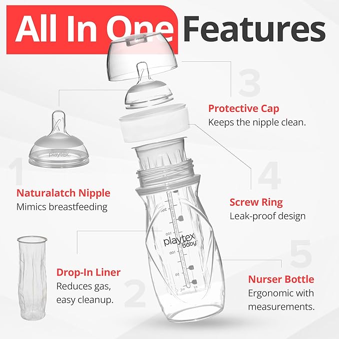 Playtex Baby Anti-Colic Nurser Bottles with Pre-Sterilized Disposable Drop-Ins Liners, 4 Oz Bottles (3 Count), Includes Slow Flow Nipples for Newborn and Breastfeeding Babies, Feeding Essentials