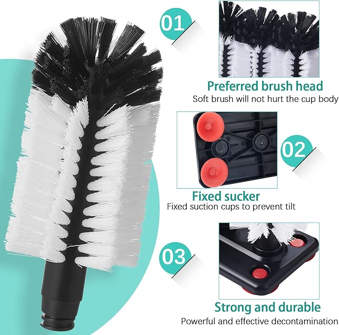 Havawish 1 Pack Water Bottle Cleaning Brush with Suction Base, 3 Head Bristle Bar Glass Washer for Sink, Cup Washer Brush Cleaner for Bar Beer Cup, Wine Glass(7.3 x 3.7 x 7.5)
