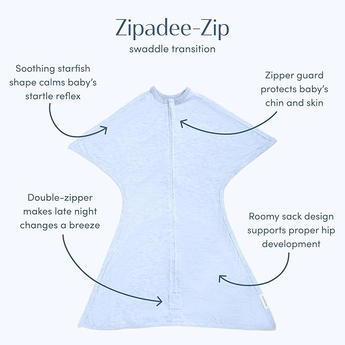 SleepingBaby Zipadee-Zip Transition Swaddle - Cozy Baby Swaddling Blanket with Zipper Convenience - Roomy Wearable Blanket for Easy Diaper Changes - 3-6 Month - Baseline Blue Heather