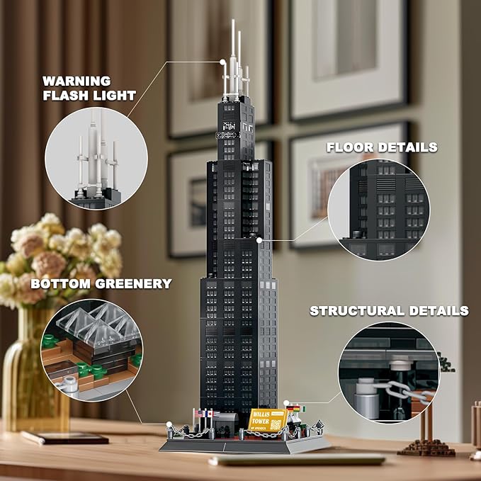 Chicago Willis Tower Model Building Blocks Sets Chicago Skyline Architecture Building Kits Famous Landmark Model Toys Gift for Adults Kids Teens 1241 PCS