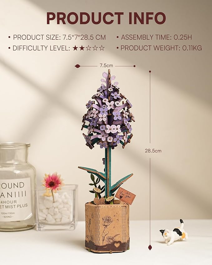 3D Flower Wooden Puzzles for Adults-Lilac, DIY Wooden Flowers Model Kit Building Set Crafts for Adults to Build, Botanical Collection/Ideal Creative Gift Ideas/Housewarming (154PCS)