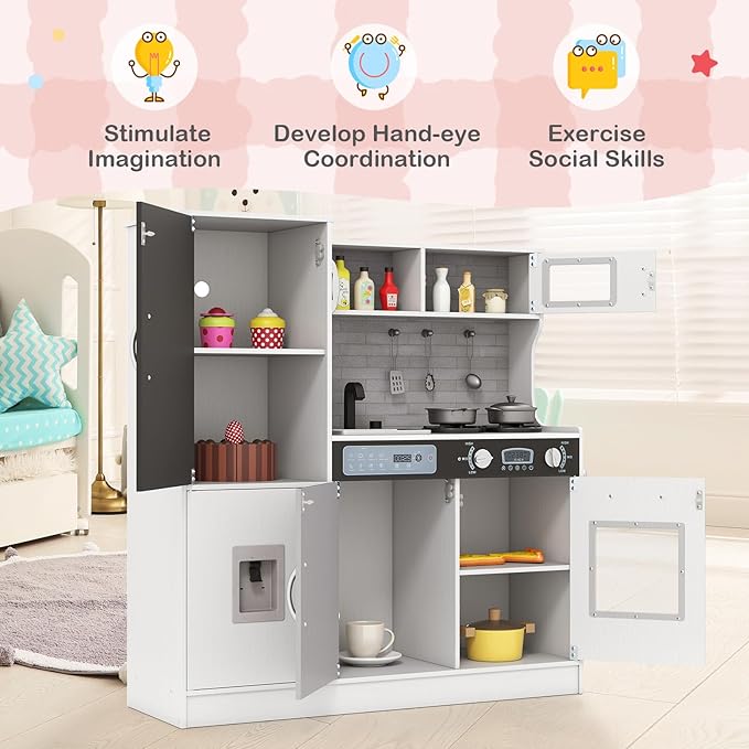 HONEY JOY Upgrade 39 in Kids Kitchen Playset, Large Wooden Little Chef Pretend Toy Kitchen Set w/Chalkboard, Telephone, Utensils, Oven, Microwave, Sink, Storage, Play Kitchen for Toddlers (White)