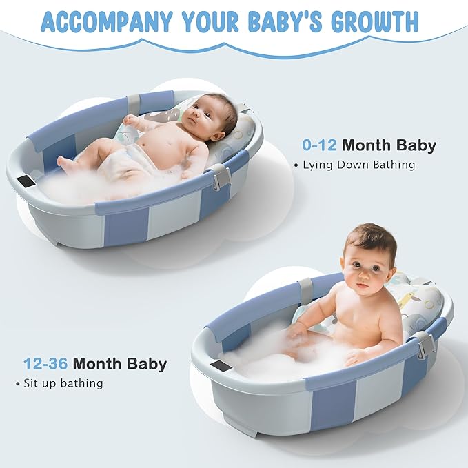 Collapsible Baby Bathtub, 3s to Install, Baby Bath Tub with Soft Cushion & Thermometer, 0-36 Months Newborn Bathtub,Portable Travel Baby Tub, Blue