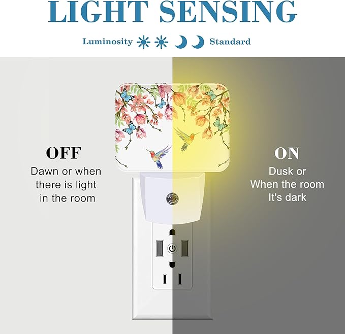 Hummingbird and Blue Butterfly Plug in Night Lights, Wisteria Flowers Nightlight Plug Into Wall Dusk to Dawn Sensor for Kid Girls Boys Women Bedroom,Hallway,Kitchen,Bathroom,Stairs Decor