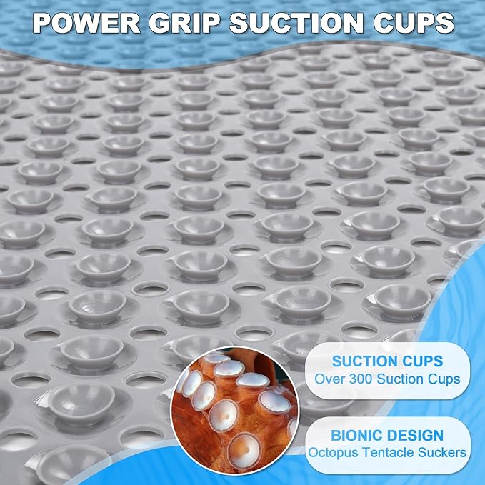 Linoows Bathtub and Shower Mats, 40x16 Inch Extra Large Non Slip Soft Bath Tub Mat with Suction Cups and Drain Holes for Bathroom Floor and Keep Tubs Clean, Machine Washable, Gray