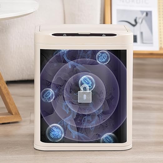 ELPHECO Stainless Steel Office Trash Can Motion Sensor Garbage Can Touchless Smart Trash Can Automatic Waste Bin for Kitchen, Office, Bathroom (Cream Beige, 3.5 Gallons)