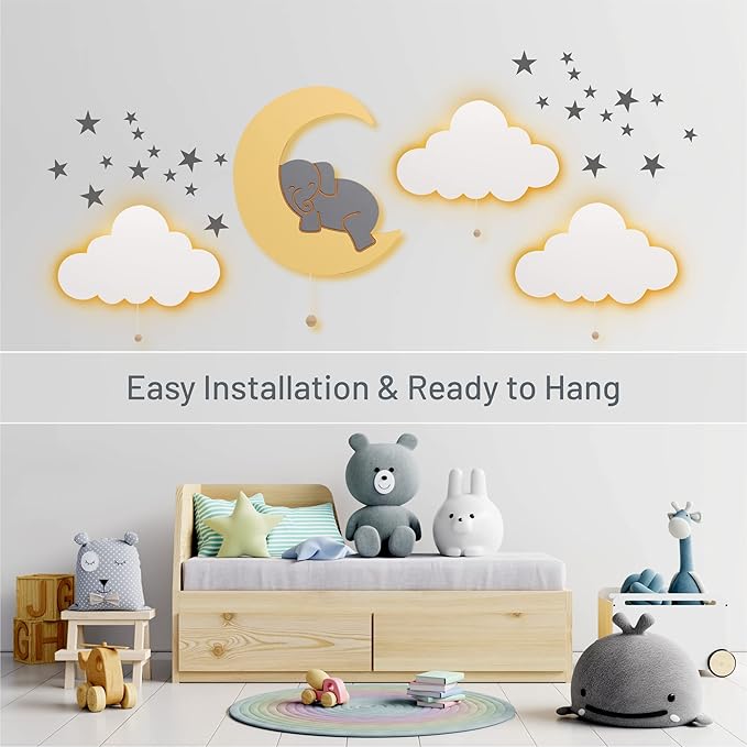 Lumipets Lighted Elephant on Moon, Nursery Night Light, Wall Mounted Lighted, Battery Operated Cloud Light Sign–Lightweight Moon Night Light for Babies, Toddlers, Kids